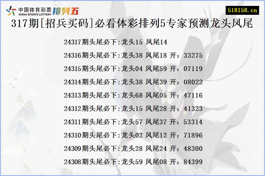 317期[招兵买码]必看体彩排列5专家预测龙头凤尾