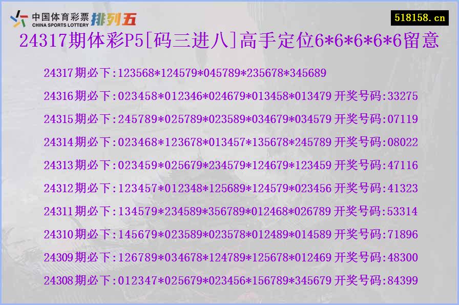 24317期体彩P5[码三进八]高手定位6*6*6*6*6留意