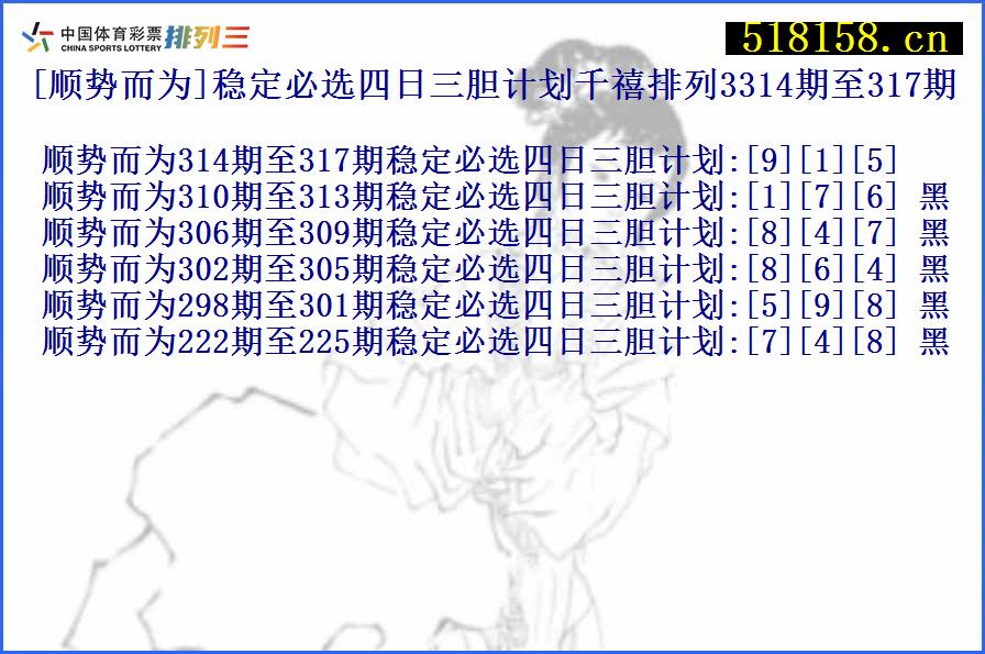 [顺势而为]稳定必选四日三胆计划千禧排列3314期至317期