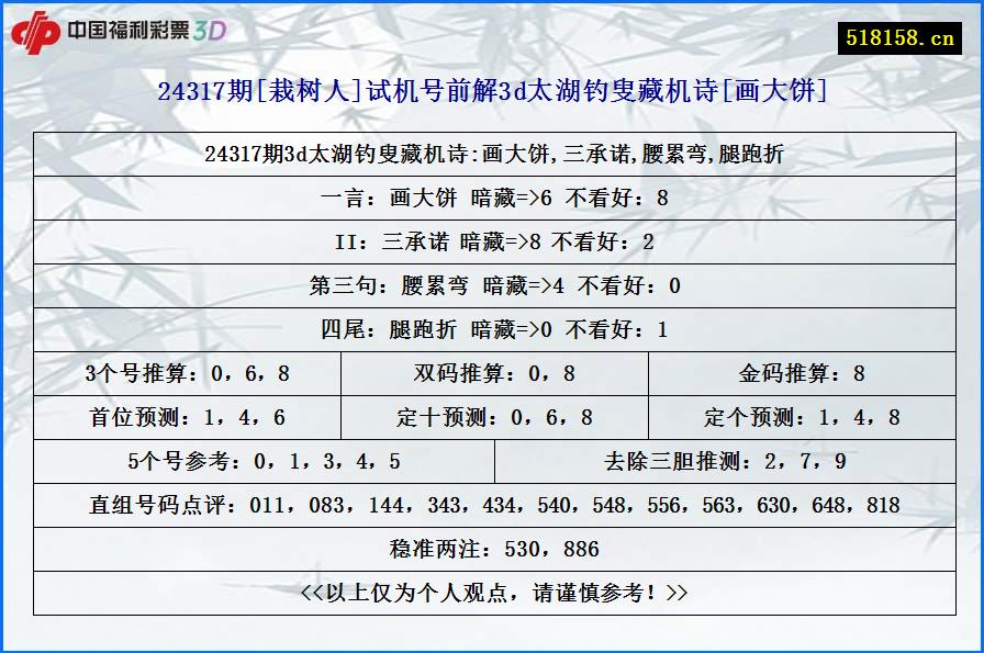 24317期[栽树人]试机号前解3d太湖钓叟藏机诗[画大饼]