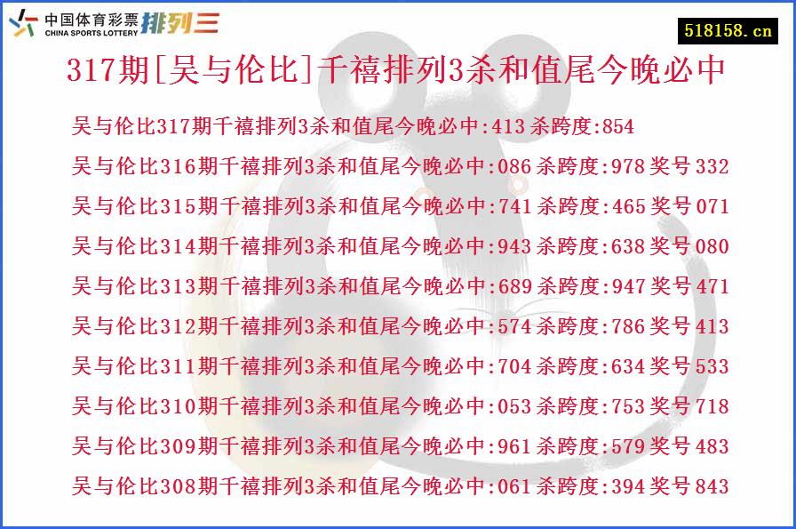 317期[吴与伦比]千禧排列3杀和值尾今晚必中