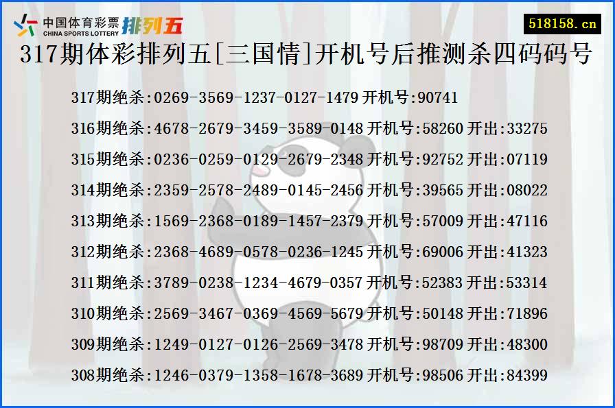 317期体彩排列五[三国情]开机号后推测杀四码码号