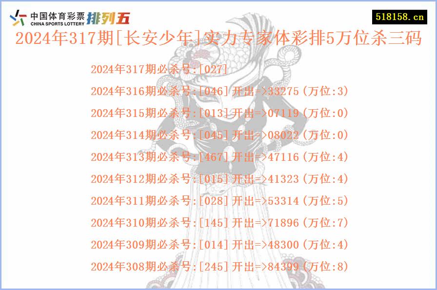 2024年317期[长安少年]实力专家体彩排5万位杀三码