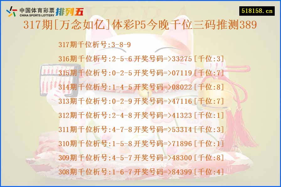 317期[万念如亿]体彩P5今晚千位三码推测389