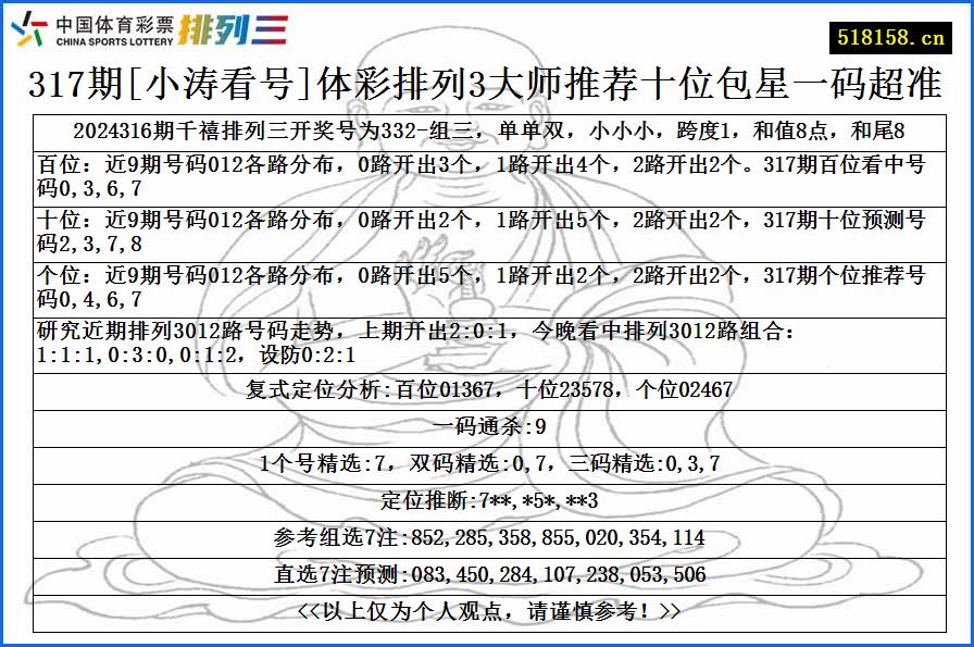 317期[小涛看号]体彩排列3大师推荐十位包星一码超准