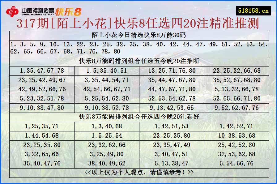 317期[陌上小花]快乐8任选四20注精准推测