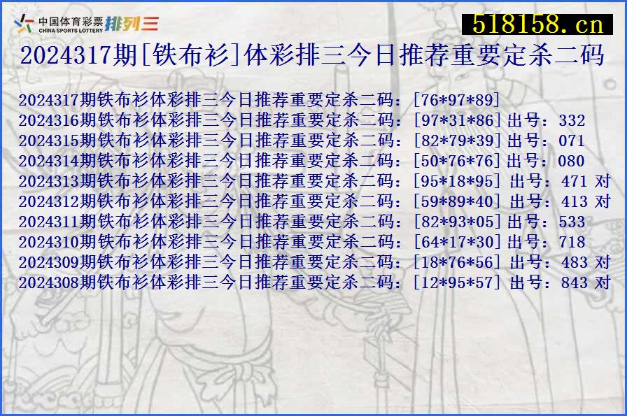 2024317期[铁布衫]体彩排三今日推荐重要定杀二码