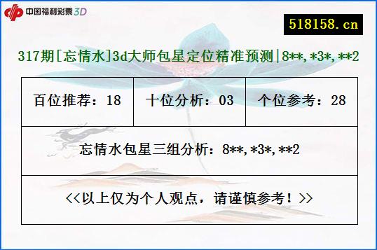 317期[忘情水]3d大师包星定位精准预测|8**,*3*,**2