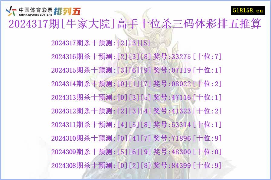 2024317期[牛家大院]高手十位杀三码体彩排五推算