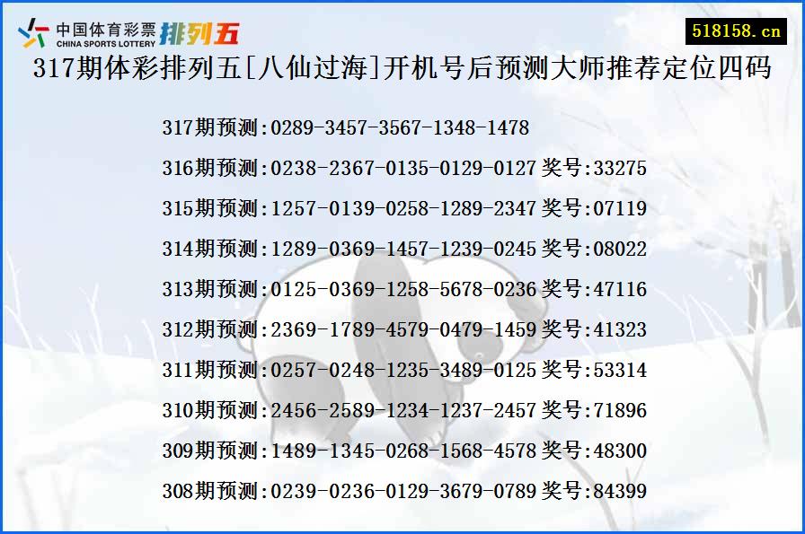 317期体彩排列五[八仙过海]开机号后预测大师推荐定位四码