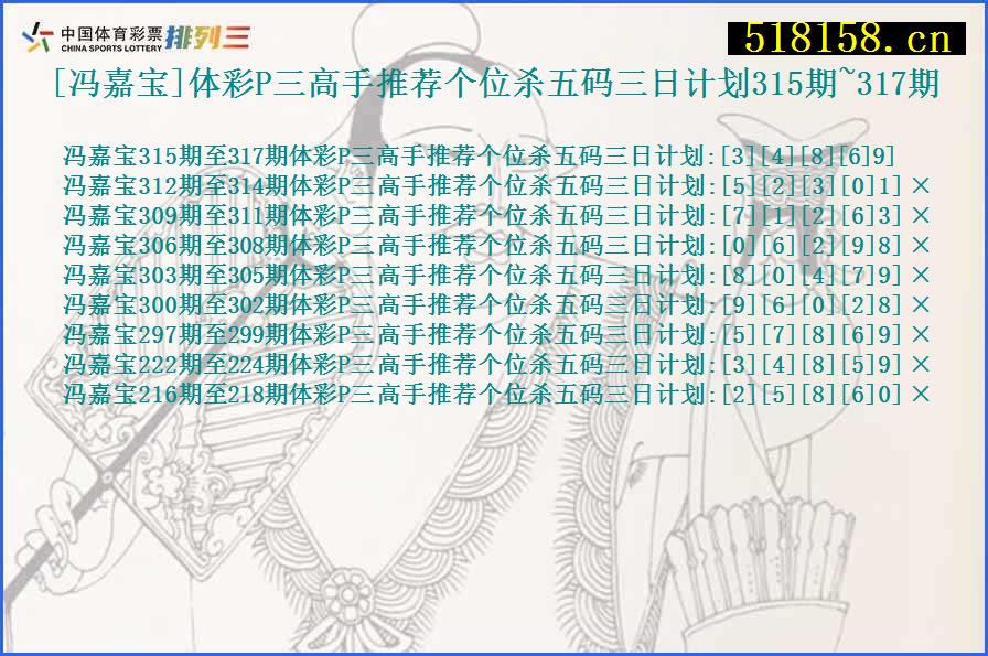 [冯嘉宝]体彩P三高手推荐个位杀五码三日计划315期~317期