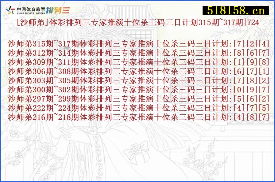 [沙师弟]体彩排列三专家推演十位杀三码三日计划315期~317期|724