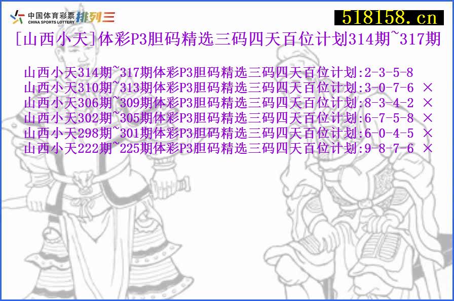 [山西小天]体彩P3胆码精选三码四天百位计划314期~317期