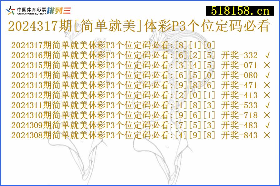 2024317期[简单就美]体彩P3个位定码必看