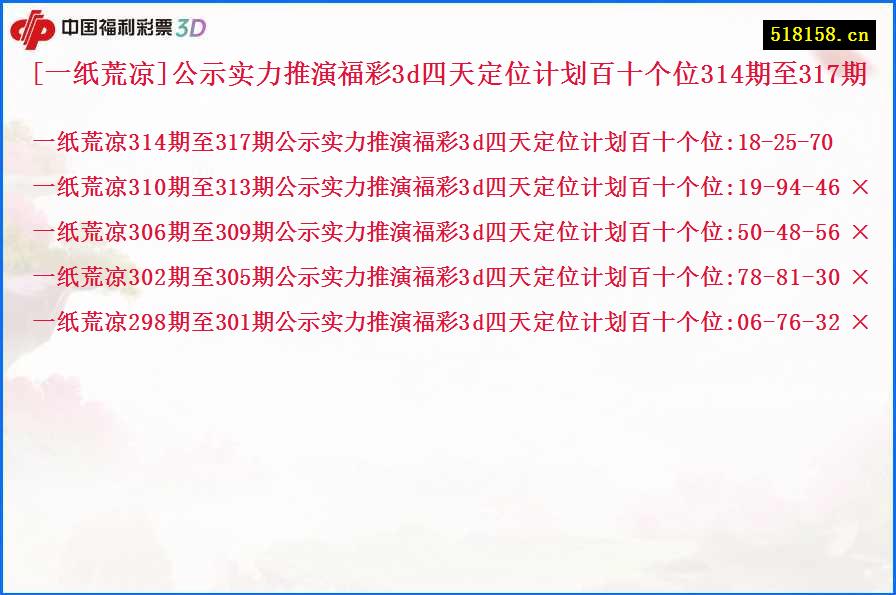 [一纸荒凉]公示实力推演福彩3d四天定位计划百十个位314期至317期