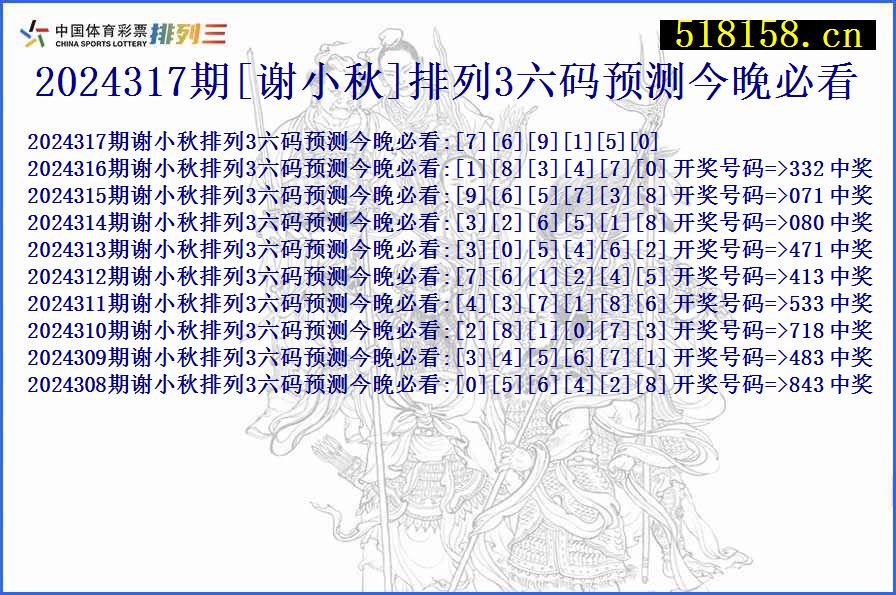 2024317期[谢小秋]排列3六码预测今晚必看