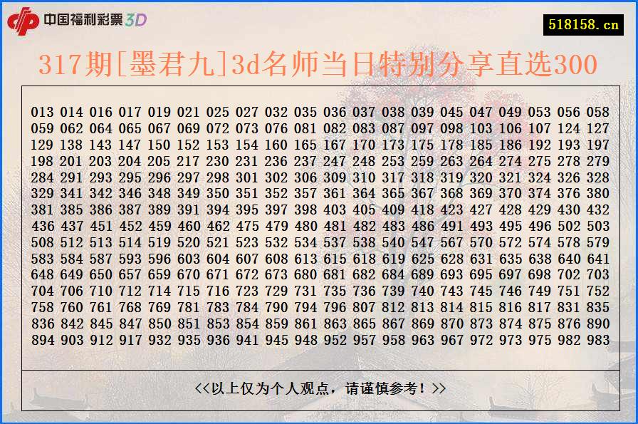 317期[墨君九]3d名师当日特别分享直选300