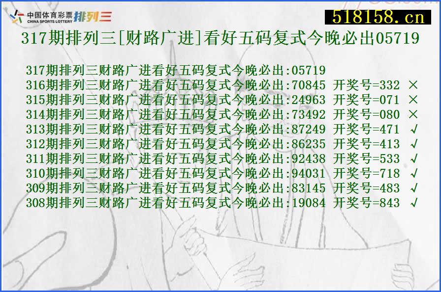 317期排列三[财路广进]看好五码复式今晚必出05719