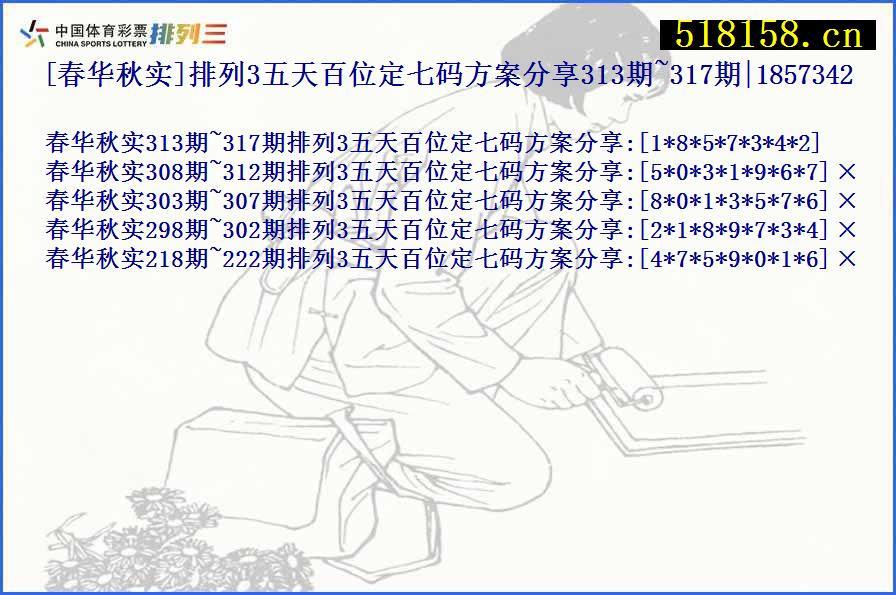 [春华秋实]排列3五天百位定七码方案分享313期~317期|1857342