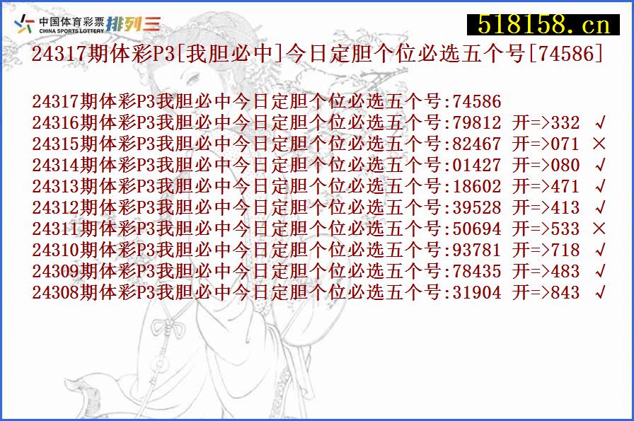 24317期体彩P3[我胆必中]今日定胆个位必选五个号[74586]