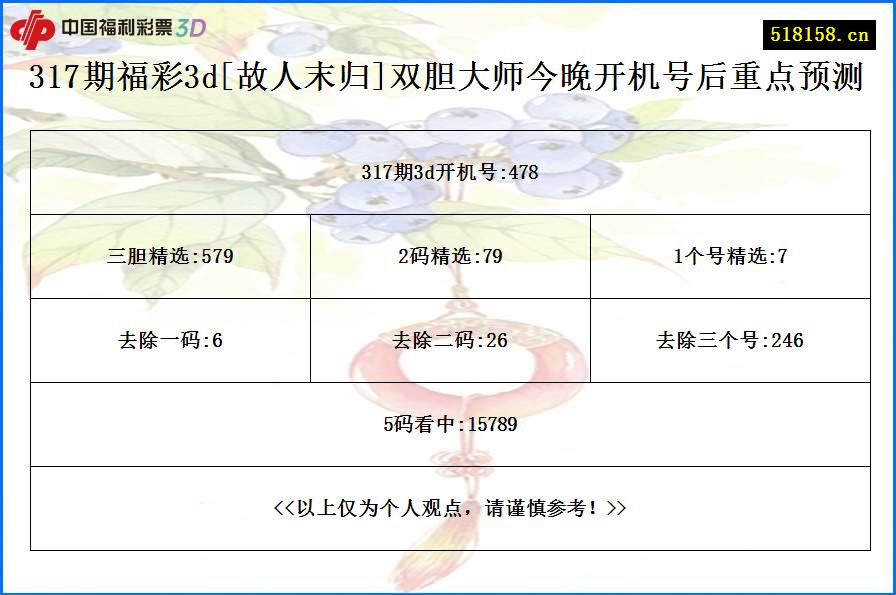 317期福彩3d[故人末归]双胆大师今晚开机号后重点预测