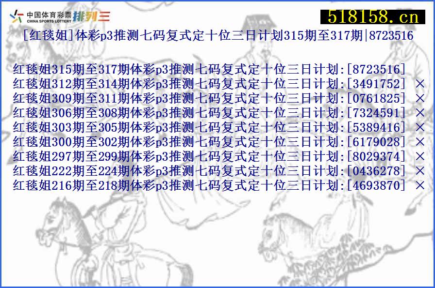 [红毯姐]体彩p3推测七码复式定十位三日计划315期至317期|8723516