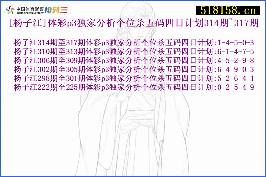 [杨子江]体彩p3独家分析个位杀五码四日计划314期~317期