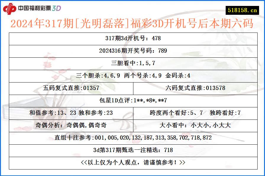 2024年317期[光明磊落]福彩3D开机号后本期六码