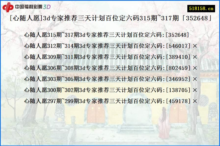 [心随人愿]3d专家推荐三天计划百位定六码315期~317期「352648」