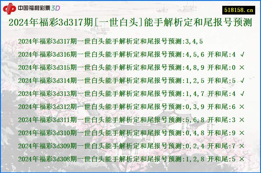 2024年福彩3d317期[一世白头]能手解析定和尾报号预测