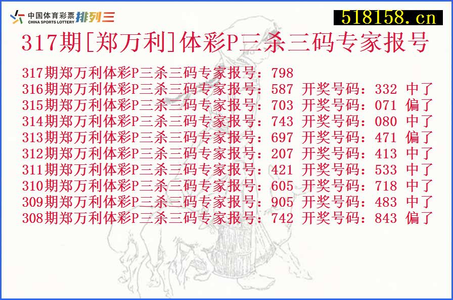 317期[郑万利]体彩P三杀三码专家报号