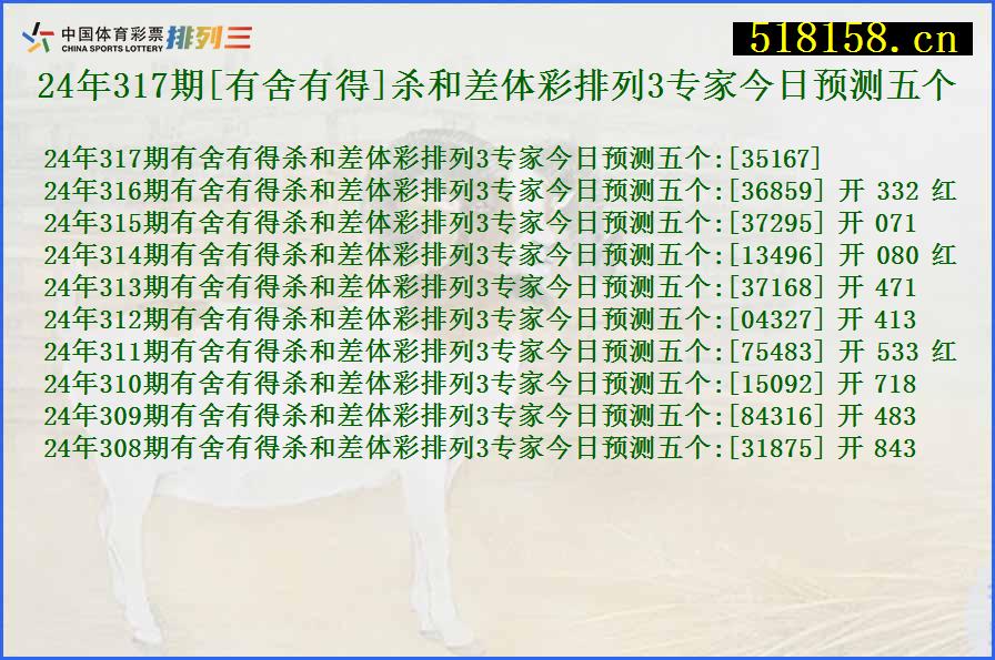 24年317期[有舍有得]杀和差体彩排列3专家今日预测五个