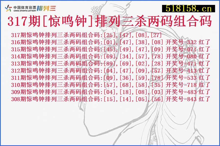 317期[惊鸣钟]排列三杀两码组合码