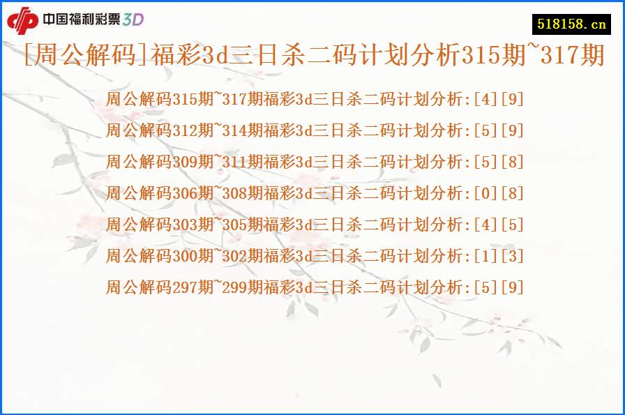 [周公解码]福彩3d三日杀二码计划分析315期~317期