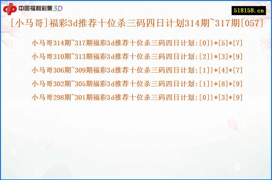 [小马哥]福彩3d推荐十位杀三码四日计划314期~317期[057]