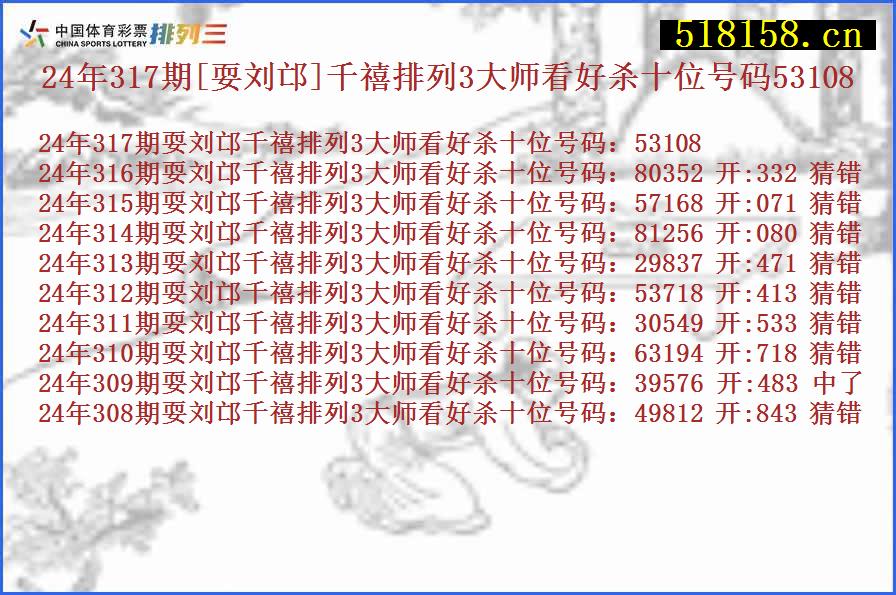 24年317期[耍刘邙]千禧排列3大师看好杀十位号码53108