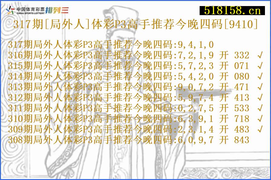 317期[局外人]体彩P3高手推荐今晚四码[9410]