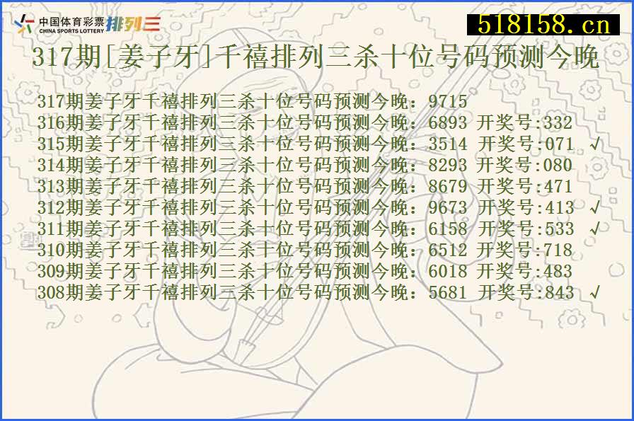 317期[姜子牙]千禧排列三杀十位号码预测今晚