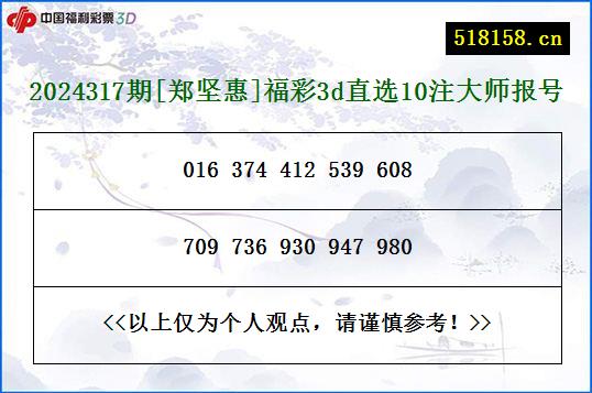 2024317期[郑坚惠]福彩3d直选10注大师报号