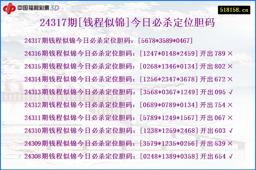 24317期[钱程似锦]今日必杀定位胆码