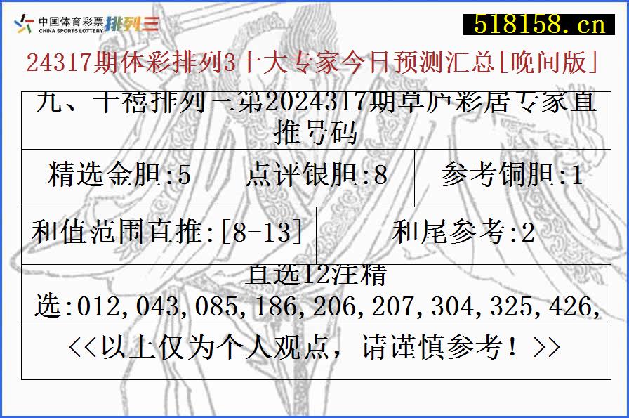 九、千禧排列三第2024317期草庐彩居专家直推号码