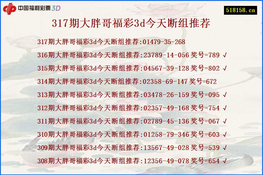 317期大胖哥福彩3d今天断组推荐