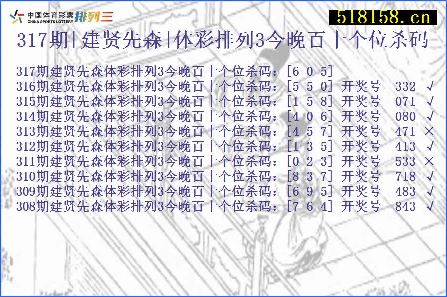 317期[建贤先森]体彩排列3今晚百十个位杀码