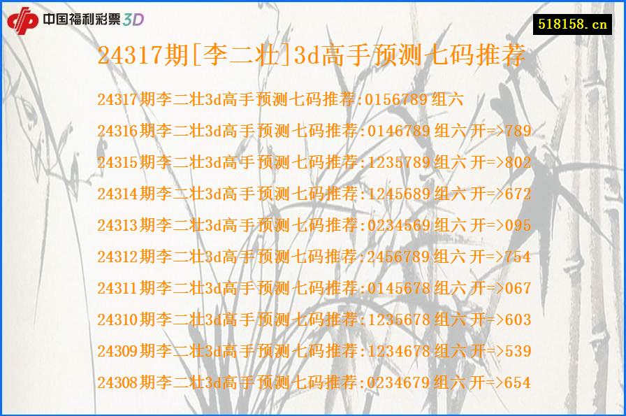 24317期[李二壮]3d高手预测七码推荐