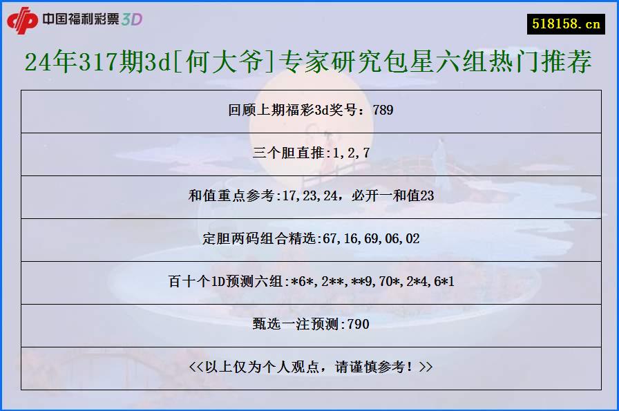 24年317期3d[何大爷]专家研究包星六组热门推荐