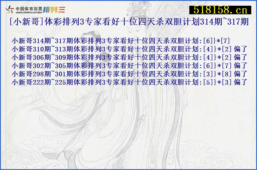 [小新哥]体彩排列3专家看好十位四天杀双胆计划314期~317期