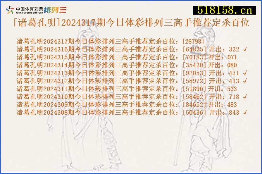 [诸葛孔明]2024317期今日体彩排列三高手推荐定杀百位