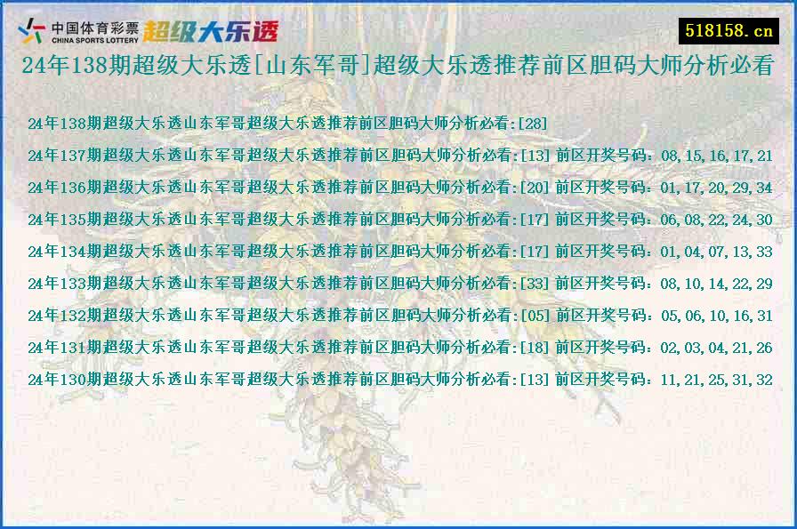 24年138期超级大乐透[山东军哥]超级大乐透推荐前区胆码大师分析必看