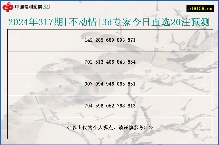 2024年317期[不动情]3d专家今日直选20注预测
