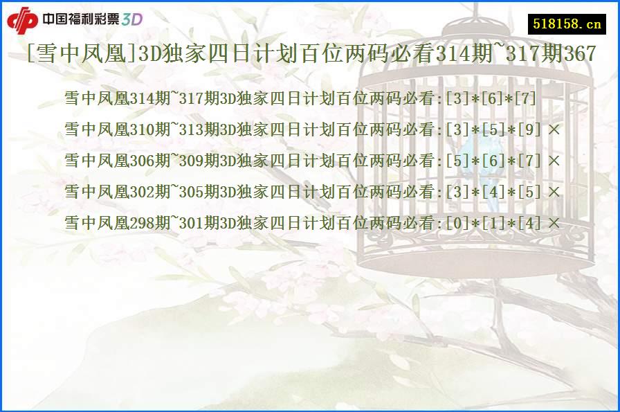 [雪中凤凰]3D独家四日计划百位两码必看314期~317期367